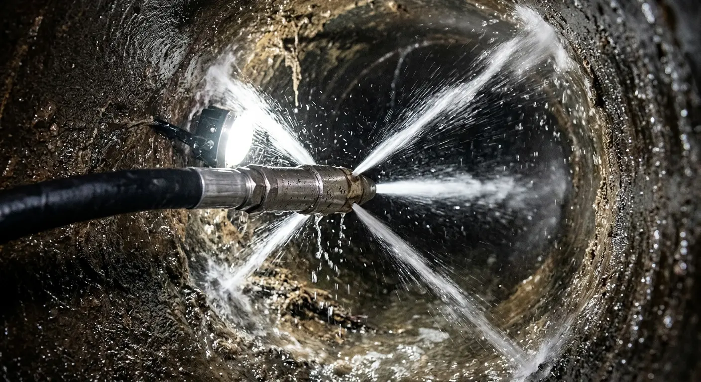 High-pressure hydro jetting nozzle cleaning sewer pipe for Emergency Drain Service in Buenaventura Lakes