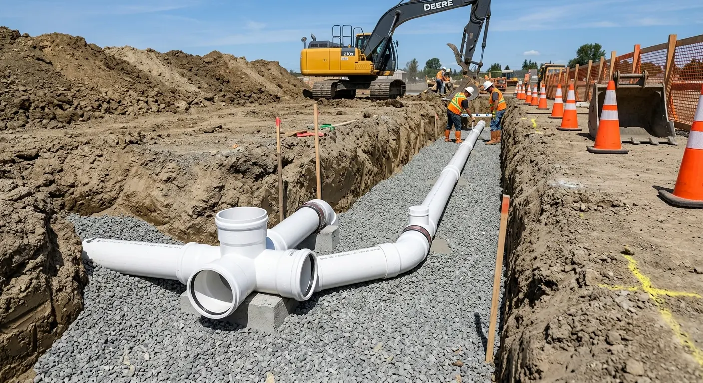 New PVC sewer pipe installation in open trench for Sewer Backup in Buenaventura Lakes