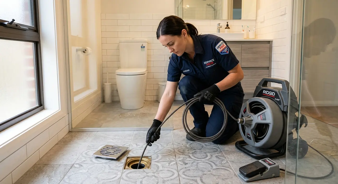 Technician clearing a bathroom floor drain for Drain Cleaning in Buenaventura Lakes